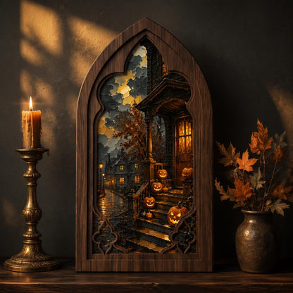 Halloween Ghost Window Wall Art, Arched Wood Framed Canvas, Haunted Pumpkin Porch Print, Vintage Spooky Home Decor, Moody Fall Wall Art - Image 3