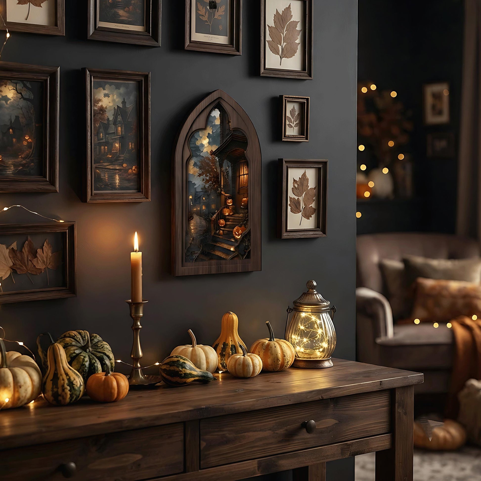 Halloween Ghost Window Wall Art, Arched Wood Framed Canvas, Haunted Pumpkin Porch Print, Vintage Spooky Home Decor, Moody Fall Wall Art - Image 5