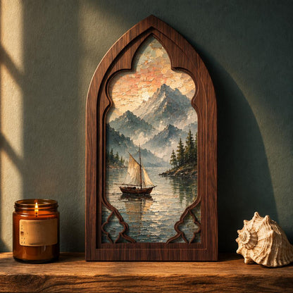 Mountain Lake Wall Art, Sailboat Landscape Canvas, Arched Wood Framed Painting, Rustic Cabin Decor, Vintage Nature Artwork - Image 2