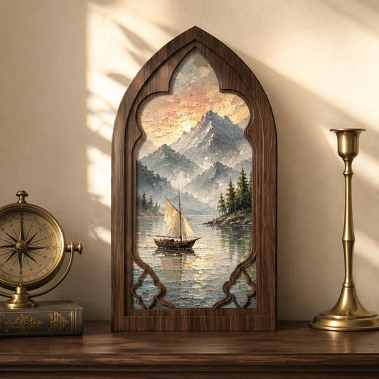 Mountain Lake Wall Art, Sailboat Landscape Canvas, Arched Wood Framed Painting, Rustic Cabin Decor, Vintage Nature Artwork - Image 1