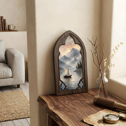 Mountain Lake Wall Art, Sailboat Landscape Canvas, Arched Wood Framed Painting, Rustic Cabin Decor, Vintage Nature Artwork - Image 4