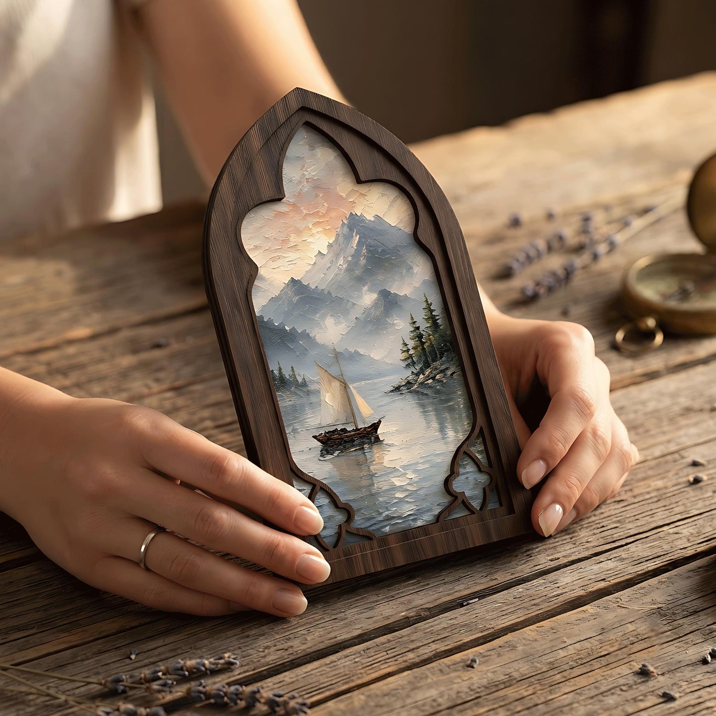 Mountain Lake Wall Art, Sailboat Landscape Canvas, Arched Wood Framed Painting, Rustic Cabin Decor, Vintage Nature Artwork - Image 3