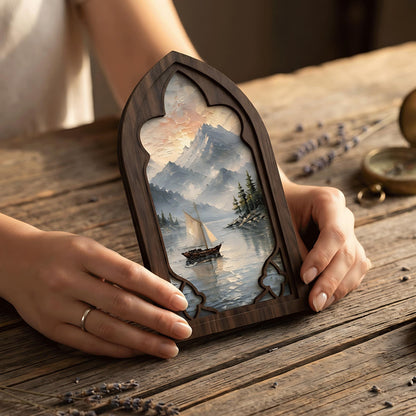 Mountain Lake Wall Art, Sailboat Landscape Canvas, Arched Wood Framed Painting, Rustic Cabin Decor, Vintage Nature Artwork - Image 3