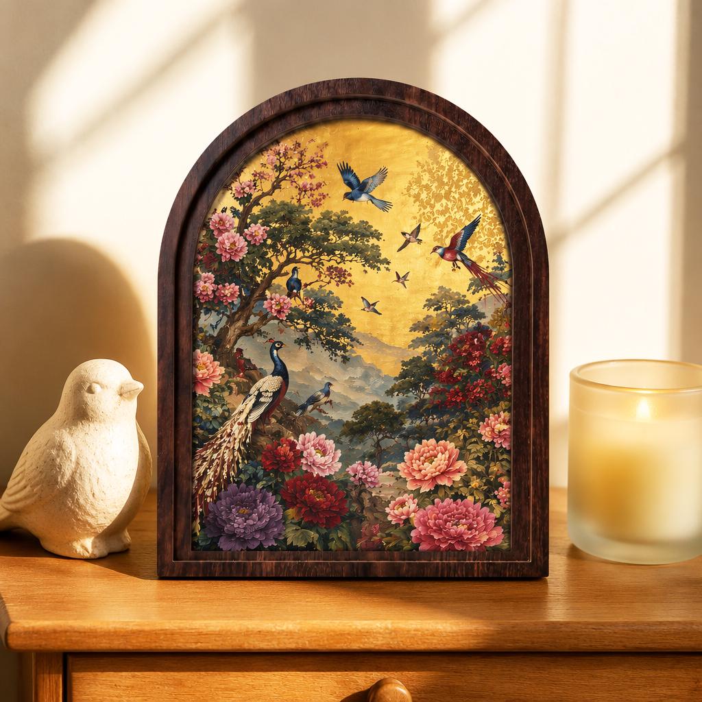 Peacock and Peony Wall Art, Textured Chinoiserie Garden Painting, Arched Wood Frame, Vintage Asian Decor, Botanical Housewarming Gift - Image 1