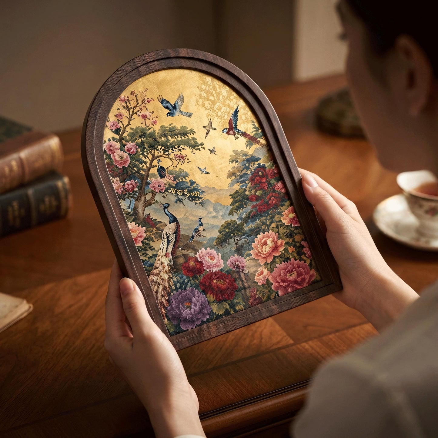 Peacock and Peony Wall Art, Textured Chinoiserie Garden Painting, Arched Wood Frame, Vintage Asian Decor, Botanical Housewarming Gift - Image 3