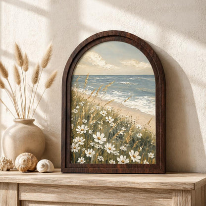 Coastal Wildflower Wall Art, Serene Beach Landscape Painting, Arched Wood Frame, Coastal Cottage Decor, Ocean Nature Gift - Image 1