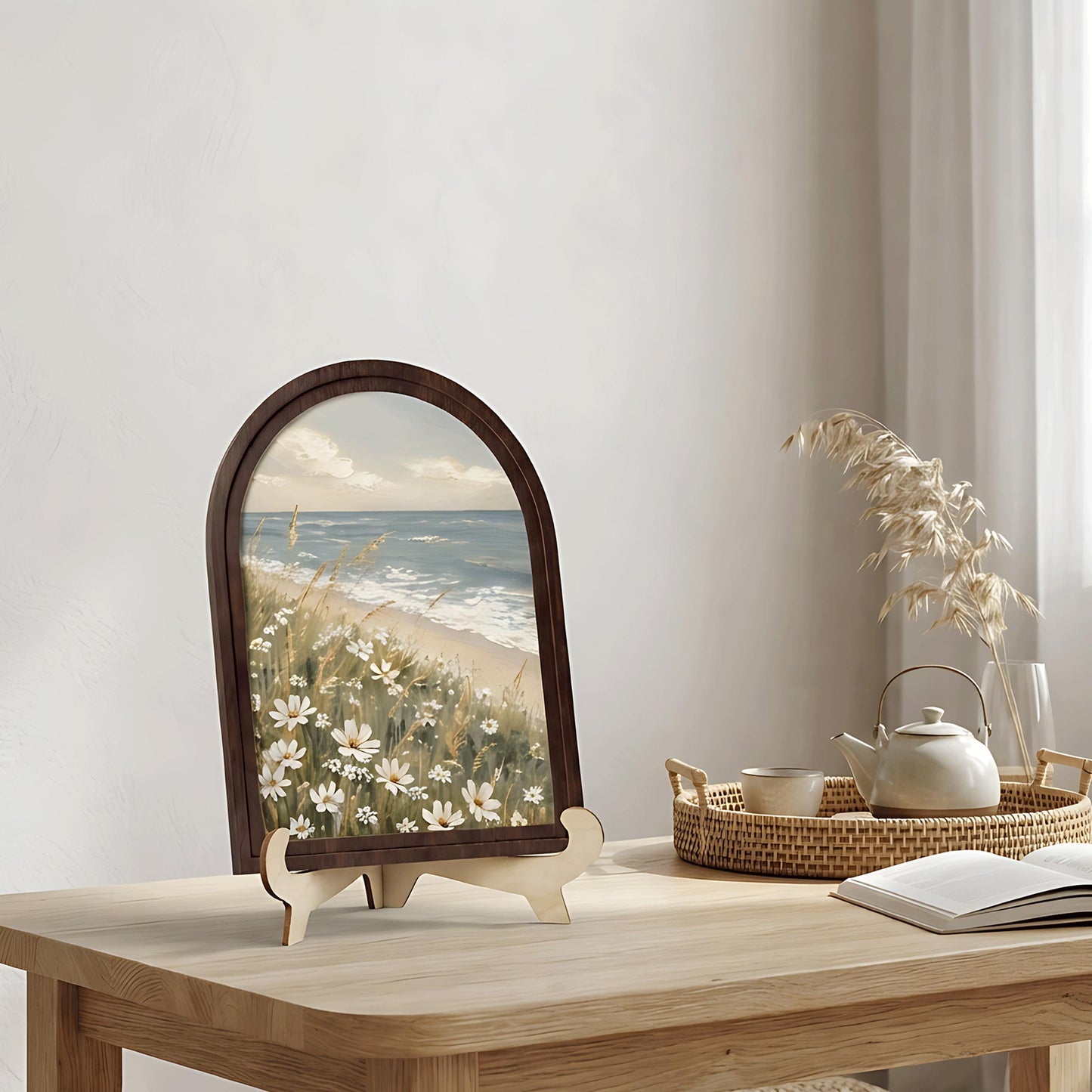Coastal Wildflower Wall Art, Serene Beach Landscape Painting, Arched Wood Frame, Coastal Cottage Decor, Ocean Nature Gift - Image 6