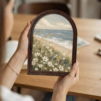 Coastal Wildflower Wall Art, Serene Beach Landscape Painting, Arched Wood Frame, Coastal Cottage Decor, Ocean Nature Gift - Image 3