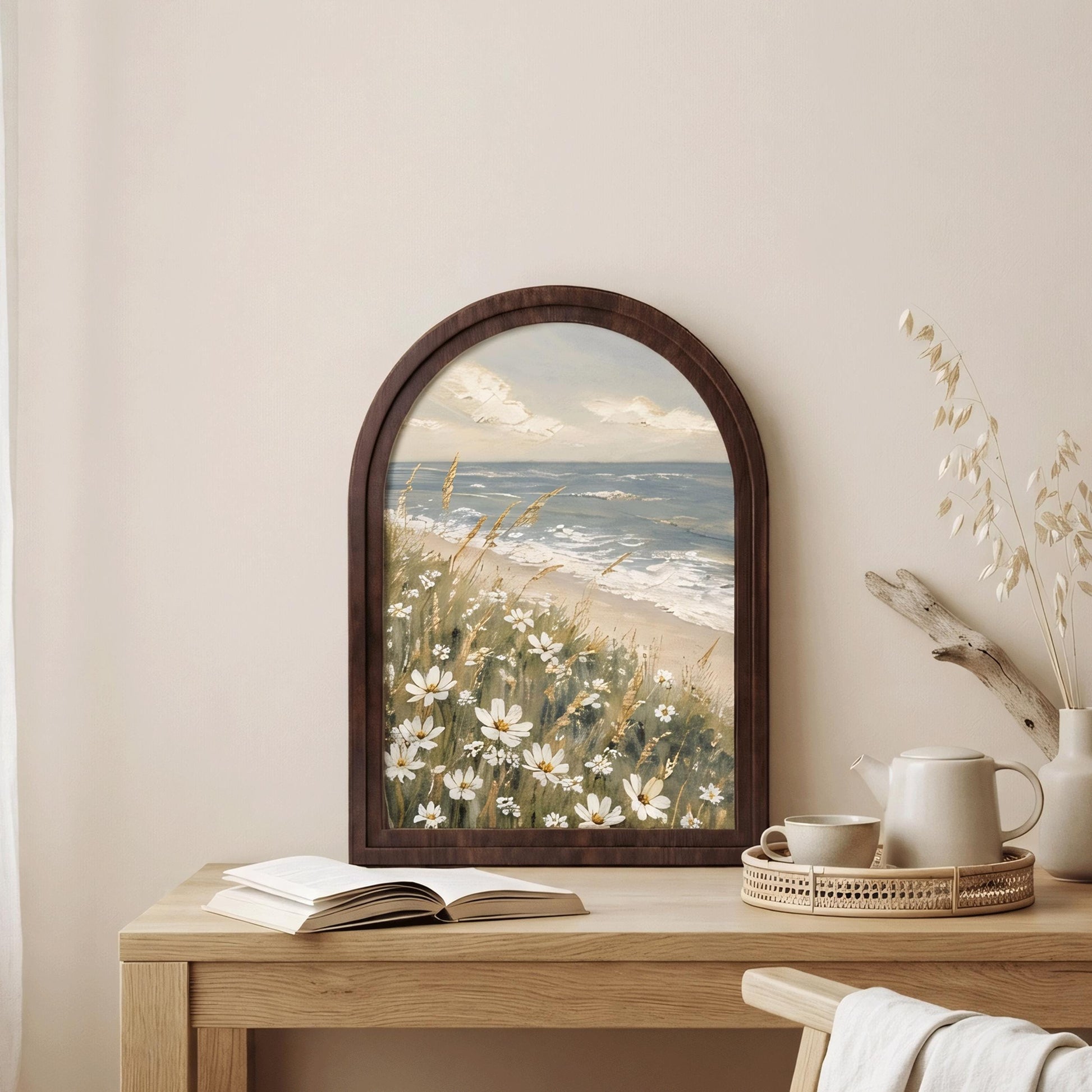 Coastal Wildflower Wall Art, Serene Beach Landscape Painting, Arched Wood Frame, Coastal Cottage Decor, Ocean Nature Gift - Image 2