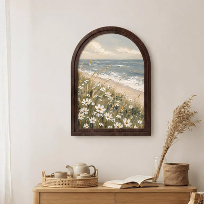 Coastal Wildflower Wall Art, Serene Beach Landscape Painting, Arched Wood Frame, Coastal Cottage Decor, Ocean Nature Gift - Image 4