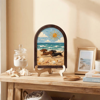 Dachshund Beach Wall Art with Arched Wood Frame, Coastal Dog Painting, Rustic Ocean Decor, Wiener Dog Beach House Wall Art - Image 6