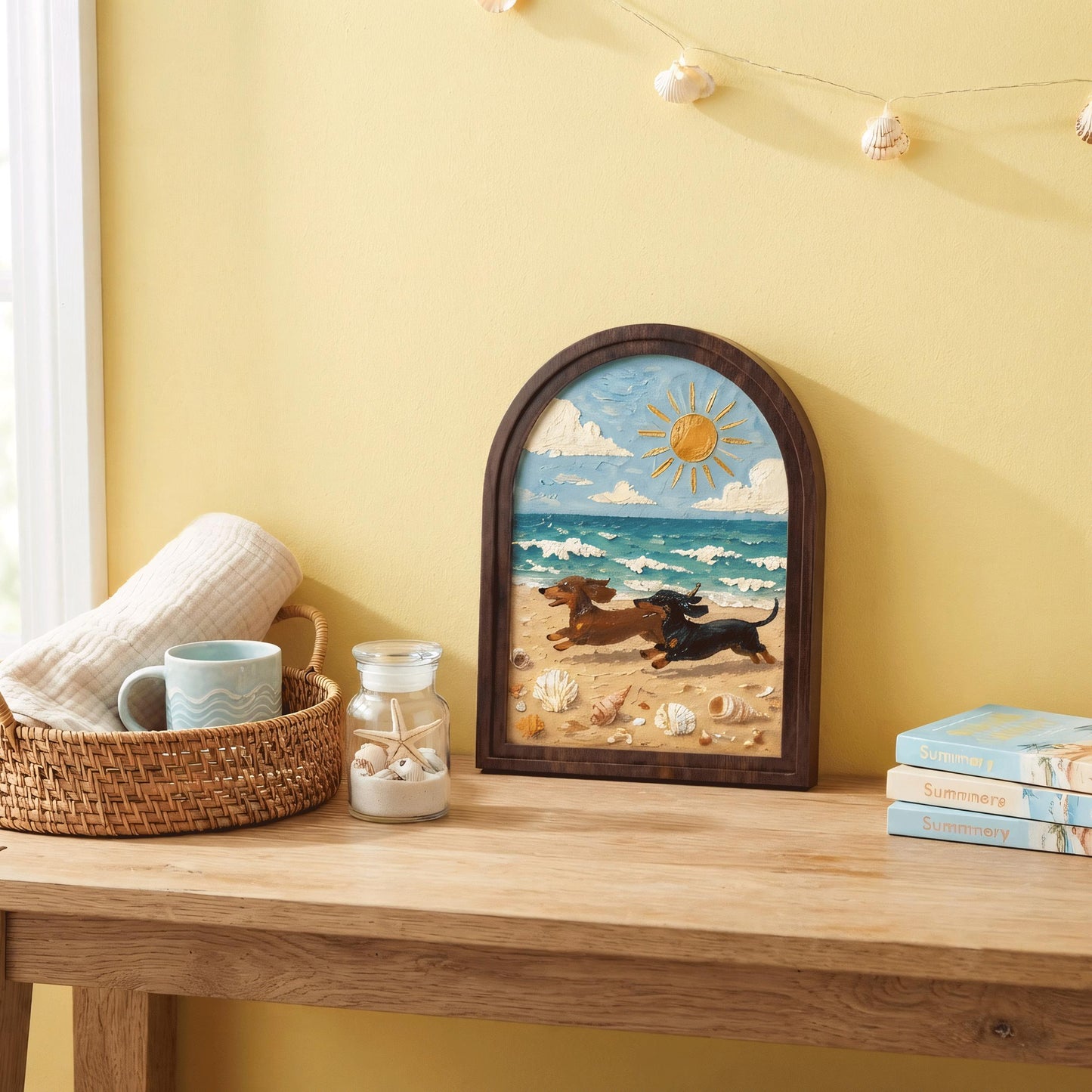 Dachshund Beach Wall Art with Arched Wood Frame, Coastal Dog Painting, Rustic Ocean Decor, Wiener Dog Beach House Wall Art - Image 3