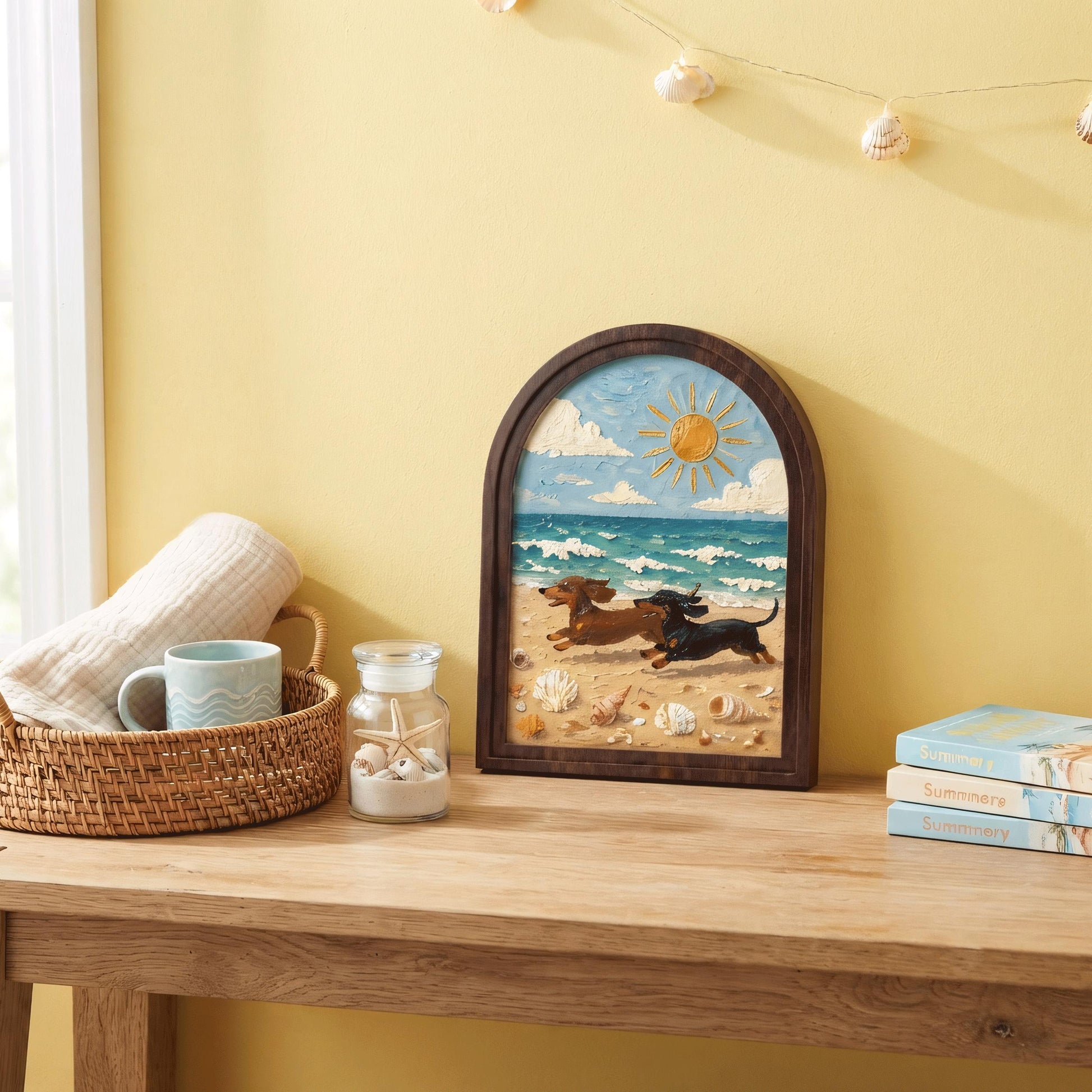 Dachshund Beach Wall Art with Arched Wood Frame, Coastal Dog Painting, Rustic Ocean Decor, Wiener Dog Beach House Wall Art - Image 3