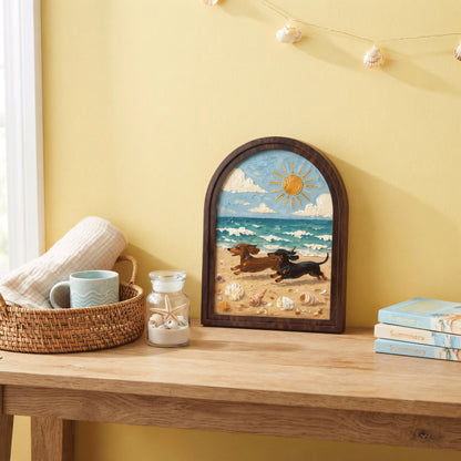Dachshund Beach Wall Art with Arched Wood Frame, Coastal Dog Painting, Rustic Ocean Decor, Wiener Dog Beach House Wall Art - Image 3
