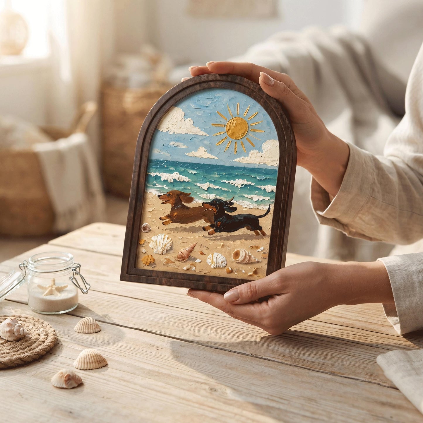 Dachshund Beach Wall Art with Arched Wood Frame, Coastal Dog Painting, Rustic Ocean Decor, Wiener Dog Beach House Wall Art - Image 2