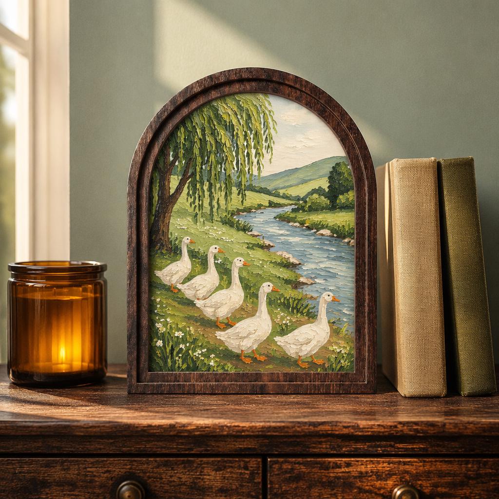 Goose River Wall Art with Arched Wood Frame, Rustic Farmhouse Goose Painting, Peaceful Country Landscape Decor, Cottage Wall Art - Image 1