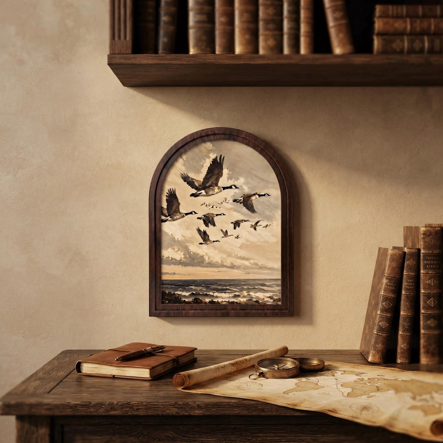 Canada Goose Wall Art, Coastal Seascape Bird Painting, Arched Wood Frame Decor, Nature Wildlife Artwork, Cabin Home Gift - Image 2