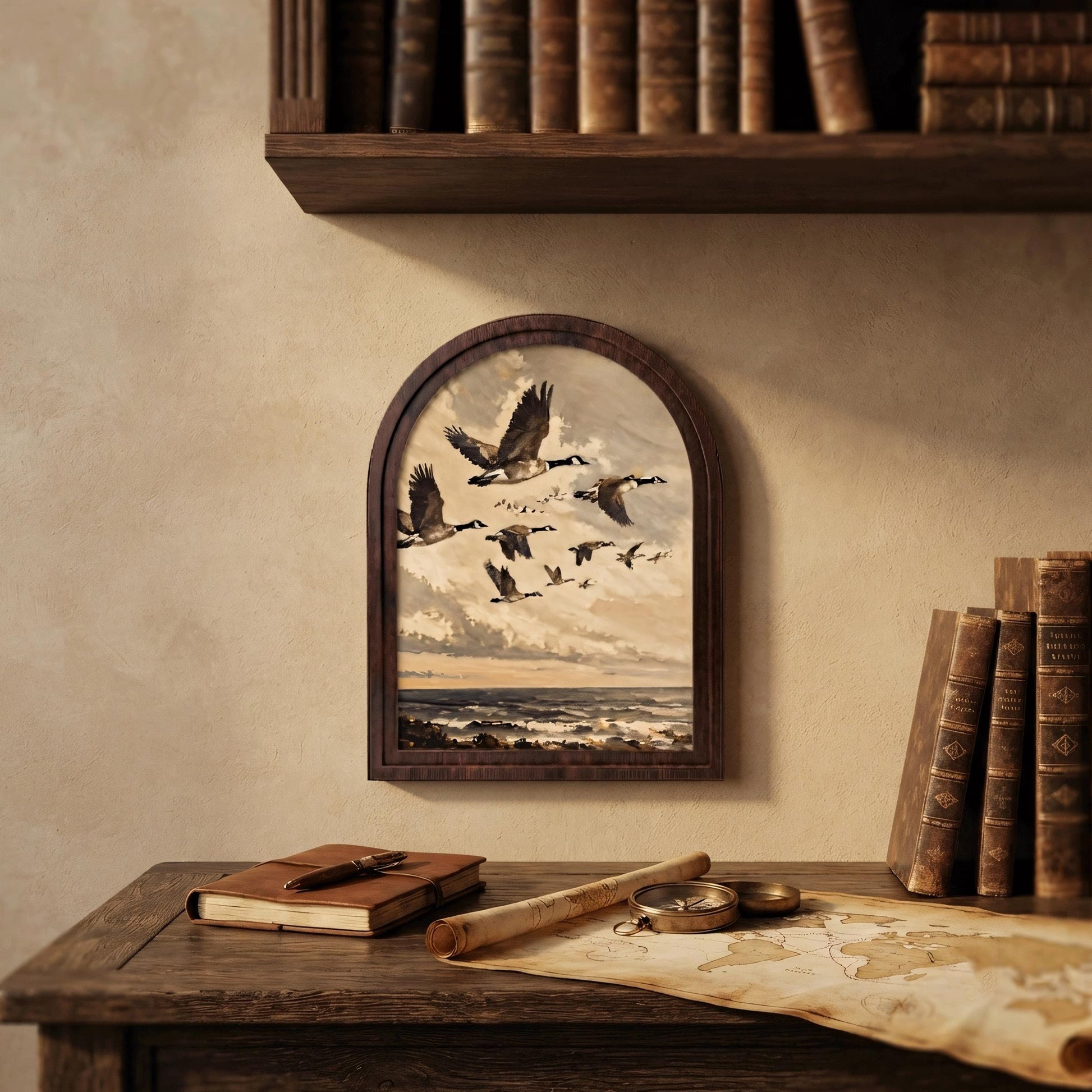 Canada Goose Wall Art, Coastal Seascape Bird Painting, Arched Wood Frame Decor, Nature Wildlife Artwork, Cabin Home Gift - Image 2