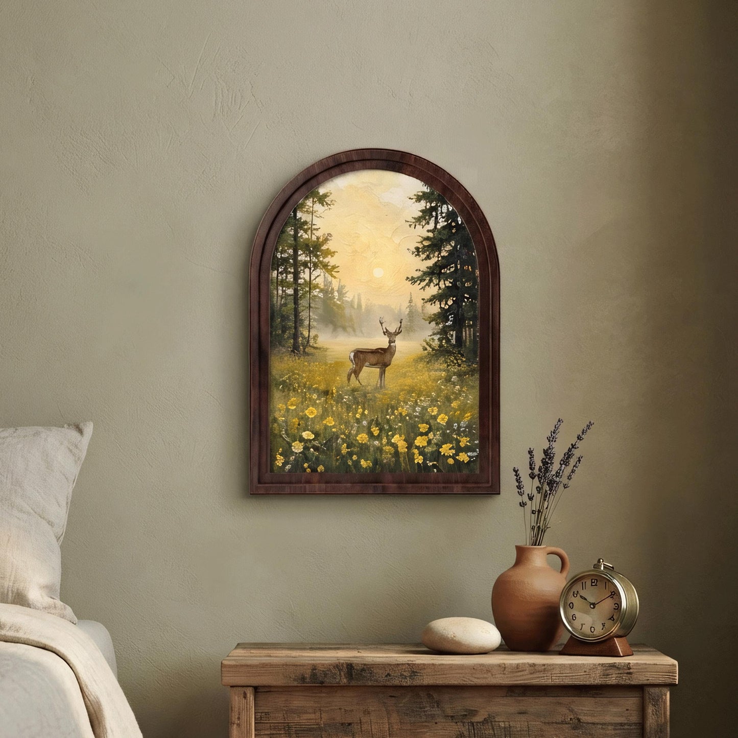 Woodland Deer Wall Art, Forest Meadow Landscape Painting, Arched Wood Frame Decor, Rustic Wildlife Artwork, Cabin Home Gift - Image 5