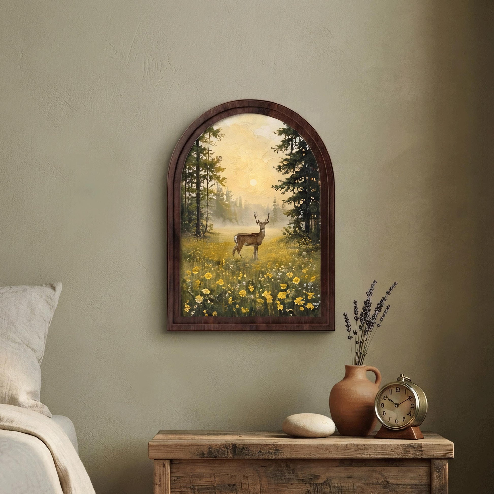 Woodland Deer Wall Art, Forest Meadow Landscape Painting, Arched Wood Frame Decor, Rustic Wildlife Artwork, Cabin Home Gift - Image 5