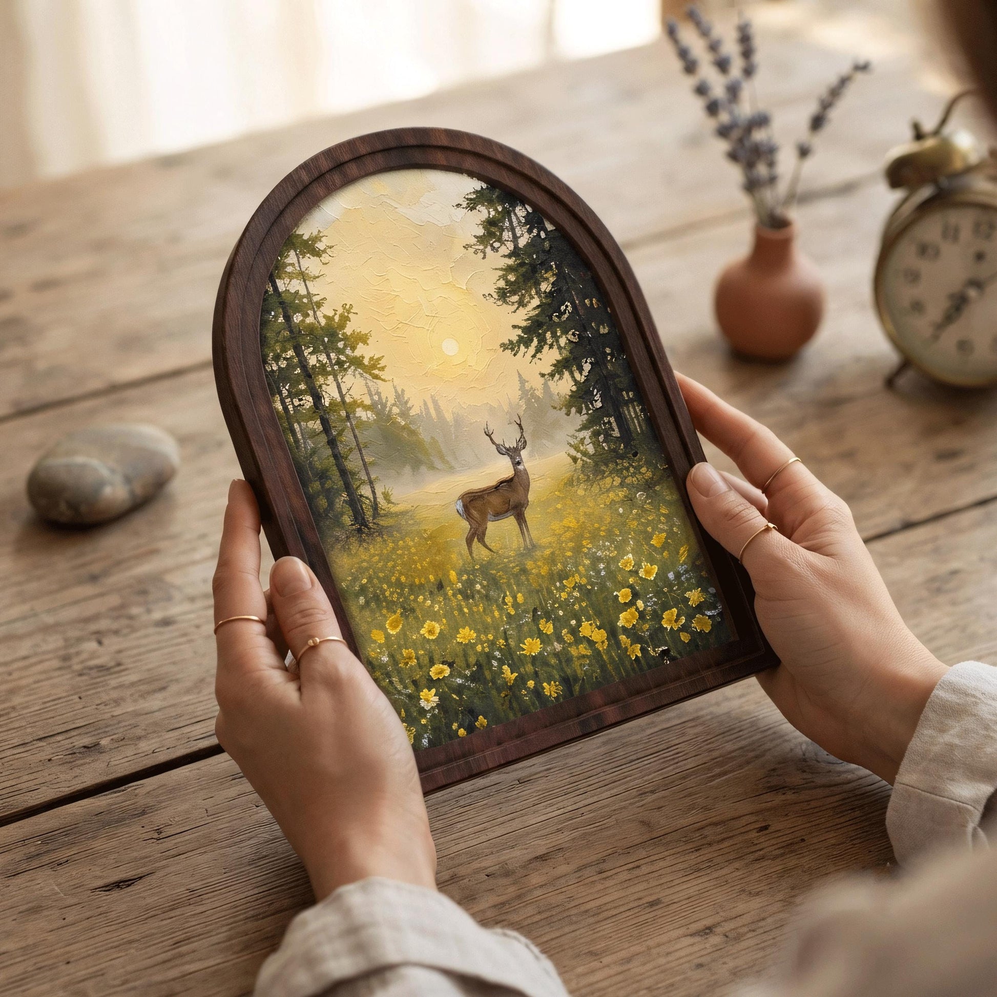 Woodland Deer Wall Art, Forest Meadow Landscape Painting, Arched Wood Frame Decor, Rustic Wildlife Artwork, Cabin Home Gift - Image 3