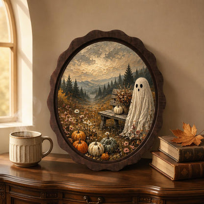 Ghost Pumpkin Wall Art, Wavy Oval Wood Frame Canvas, Cozy Halloween Landscape Print, Vintage Fall Decor, Cottagecore Spooky Wall Art - Image 2