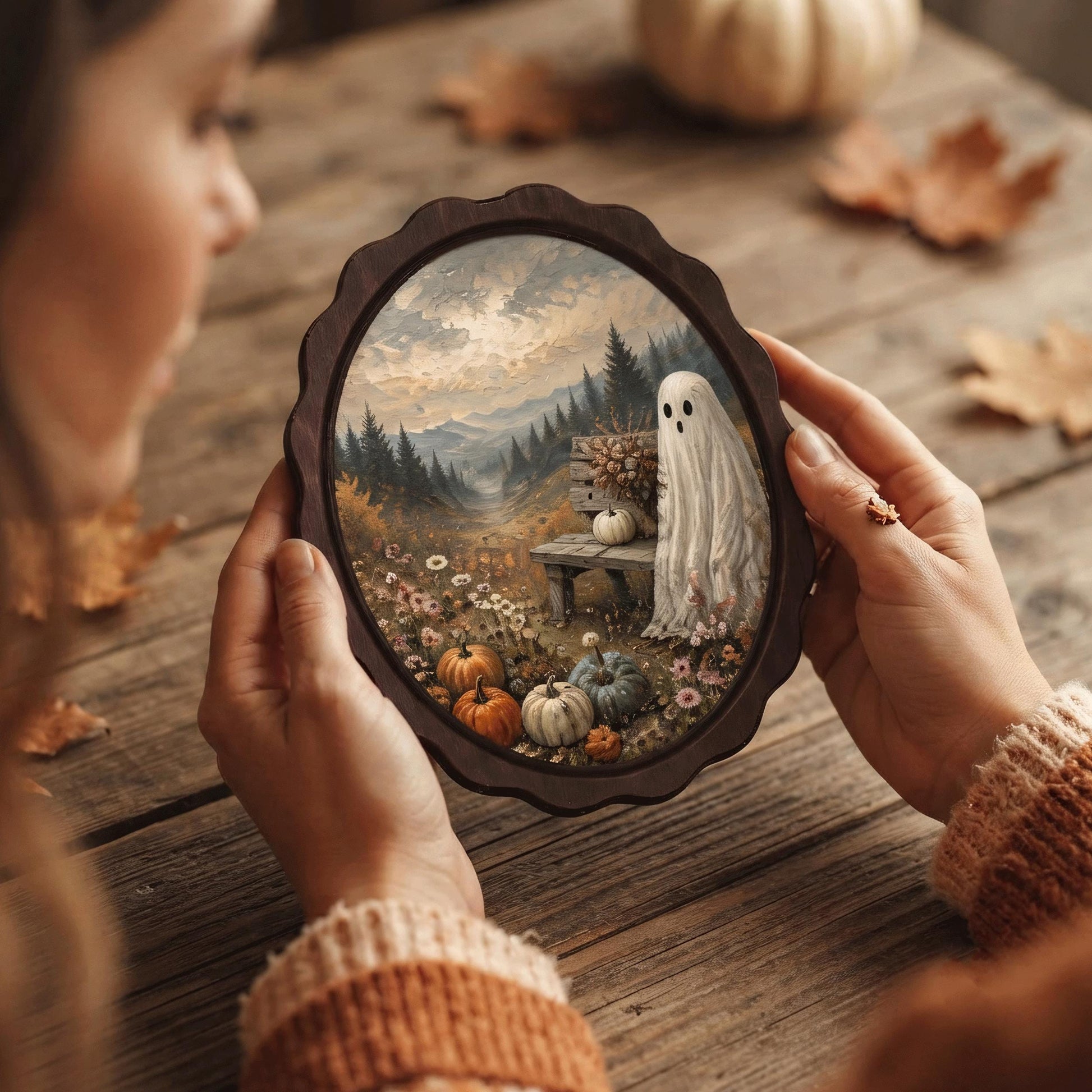 Ghost Pumpkin Wall Art, Wavy Oval Wood Frame Canvas, Cozy Halloween Landscape Print, Vintage Fall Decor, Cottagecore Spooky Wall Art - Image 3