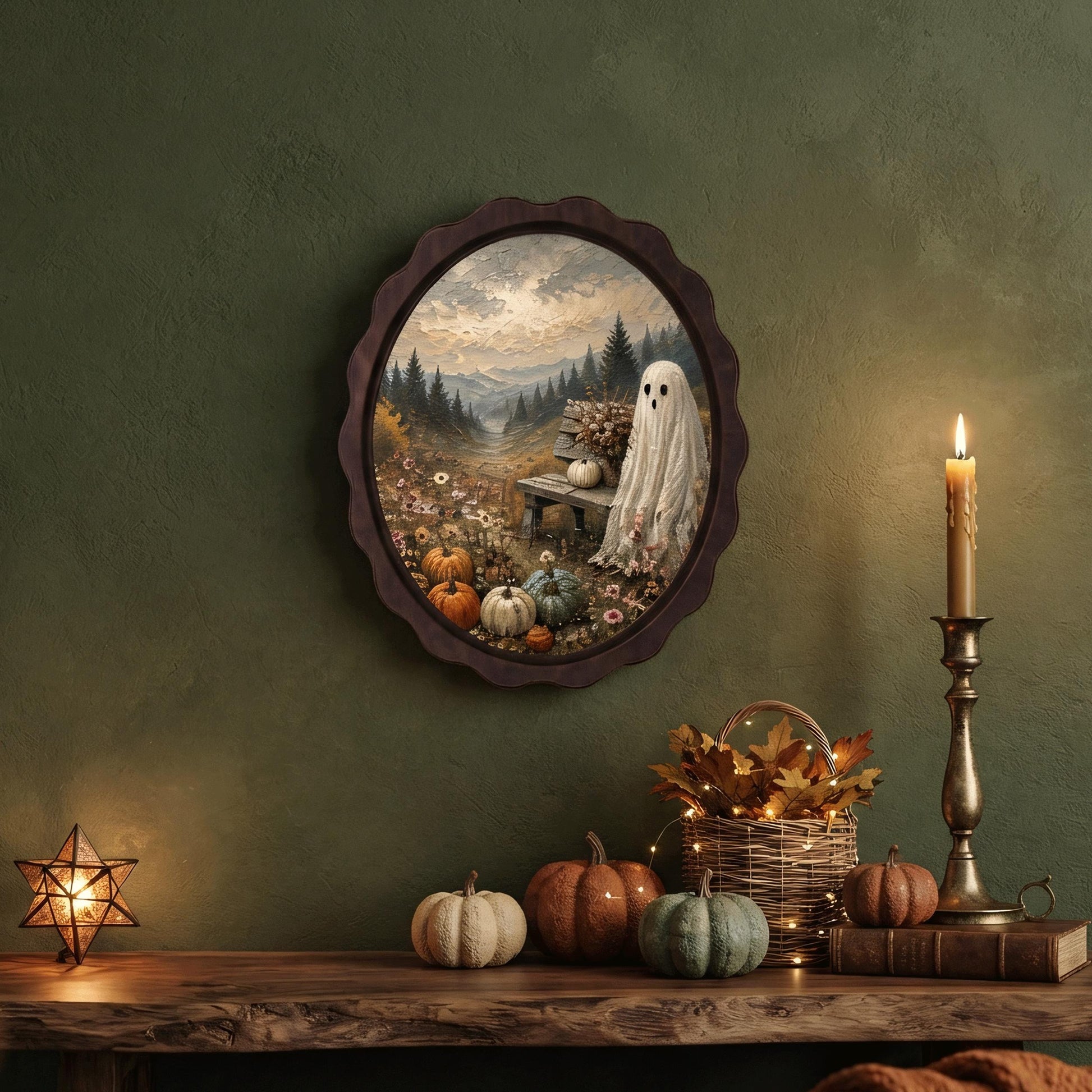 Ghost Pumpkin Wall Art, Wavy Oval Wood Frame Canvas, Cozy Halloween Landscape Print, Vintage Fall Decor, Cottagecore Spooky Wall Art - Image 5