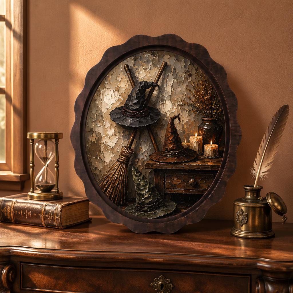 Witch Hat Wall Art, Wavy Oval Wood Framed Canvas, Vintage Halloween Still Life, Cozy Witch Cottage Decor, Spooky Fall Wall Art - Image 2