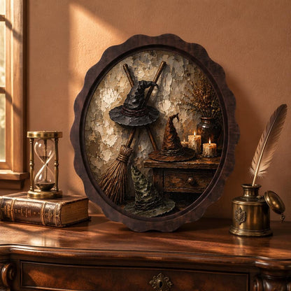 Witch Hat Wall Art, Wavy Oval Wood Framed Canvas, Vintage Halloween Still Life, Cozy Witch Cottage Decor, Spooky Fall Wall Art - Image 2