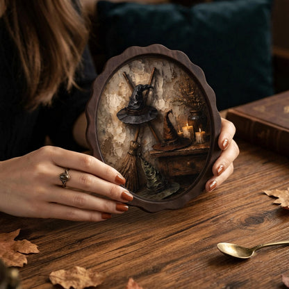 Witch Hat Wall Art, Wavy Oval Wood Framed Canvas, Vintage Halloween Still Life, Cozy Witch Cottage Decor, Spooky Fall Wall Art - Image 3