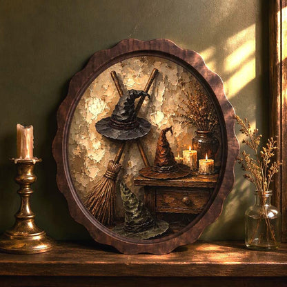 Witch Hat Wall Art, Wavy Oval Wood Framed Canvas, Vintage Halloween Still Life, Cozy Witch Cottage Decor, Spooky Fall Wall Art - Image 1