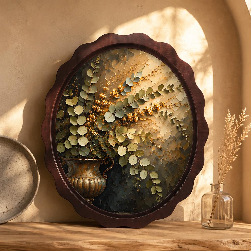 Botanical Vase Wall Art, Wavy Oval Wood Frame Canvas, Vintage Floral Still Life Print, Rustic Farmhouse Decor, Elegant Botanical Wall Art - Image 2