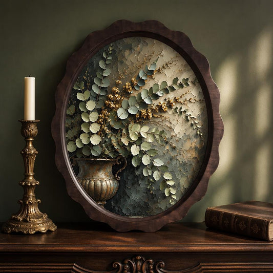 Botanical Vase Wall Art, Wavy Oval Wood Frame Canvas, Vintage Floral Still Life Print, Rustic Farmhouse Decor, Elegant Botanical Wall Art - Image 1