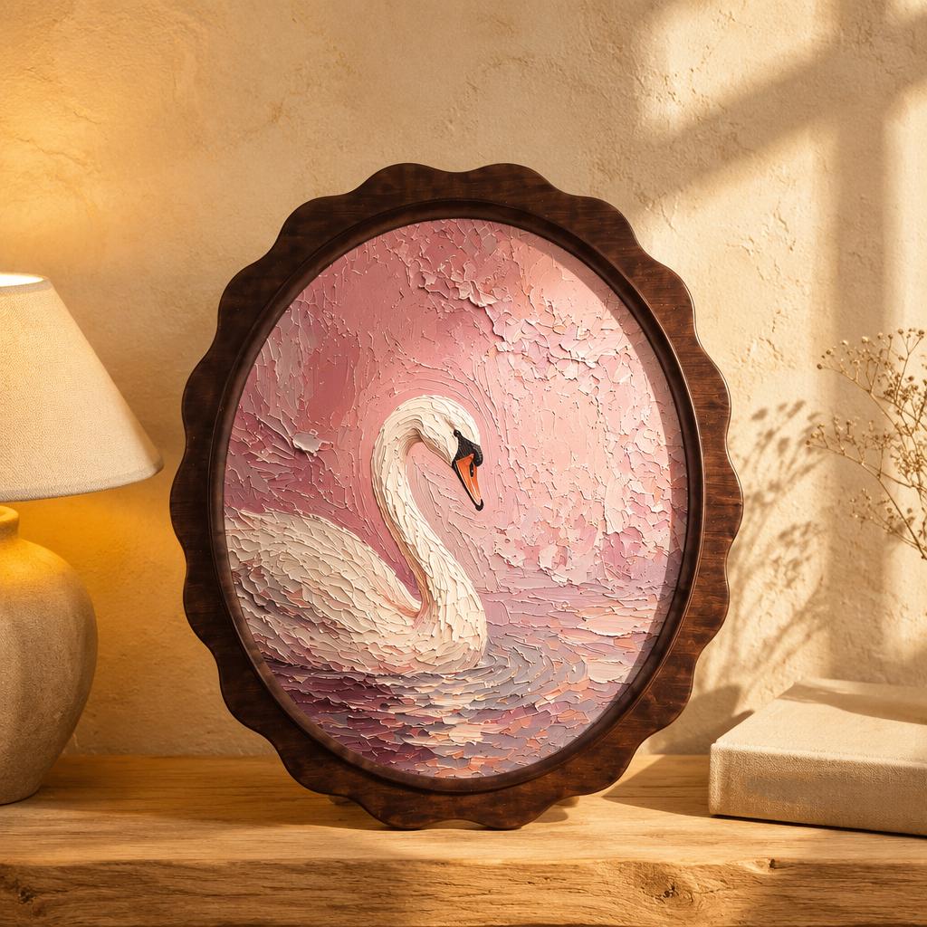 Elegant Swan Wall Art, Wavy Oval Wood Frame Canvas, Vintage Blush Pink Bird Print, Cottagecore Home Decor, Serene Nature Wall Hanging - Image 2