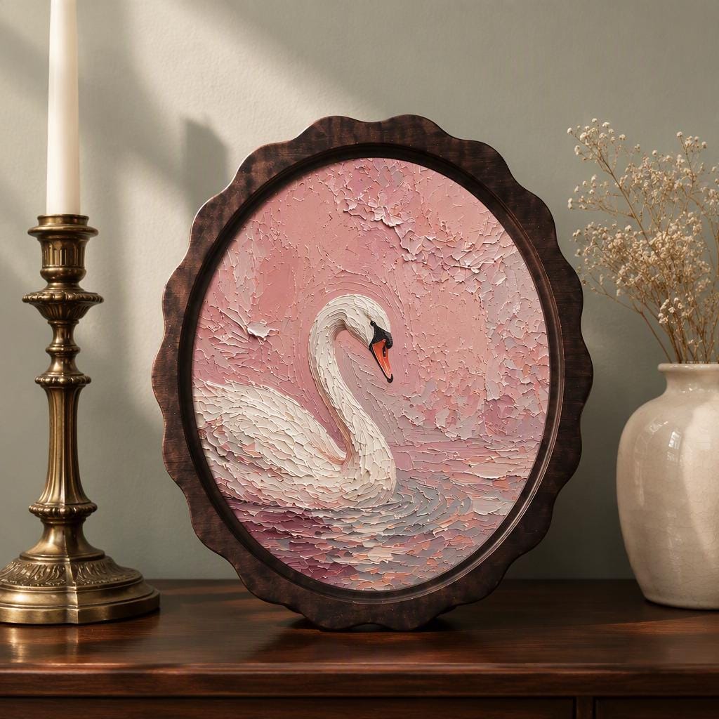 Elegant Swan Wall Art, Wavy Oval Wood Frame Canvas, Vintage Blush Pink Bird Print, Cottagecore Home Decor, Serene Nature Wall Hanging - Image 1
