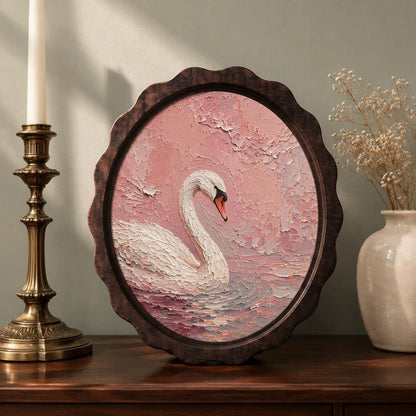Elegant Swan Wall Art, Wavy Oval Wood Frame Canvas, Vintage Blush Pink Bird Print, Cottagecore Home Decor, Serene Nature Wall Hanging - Image 1
