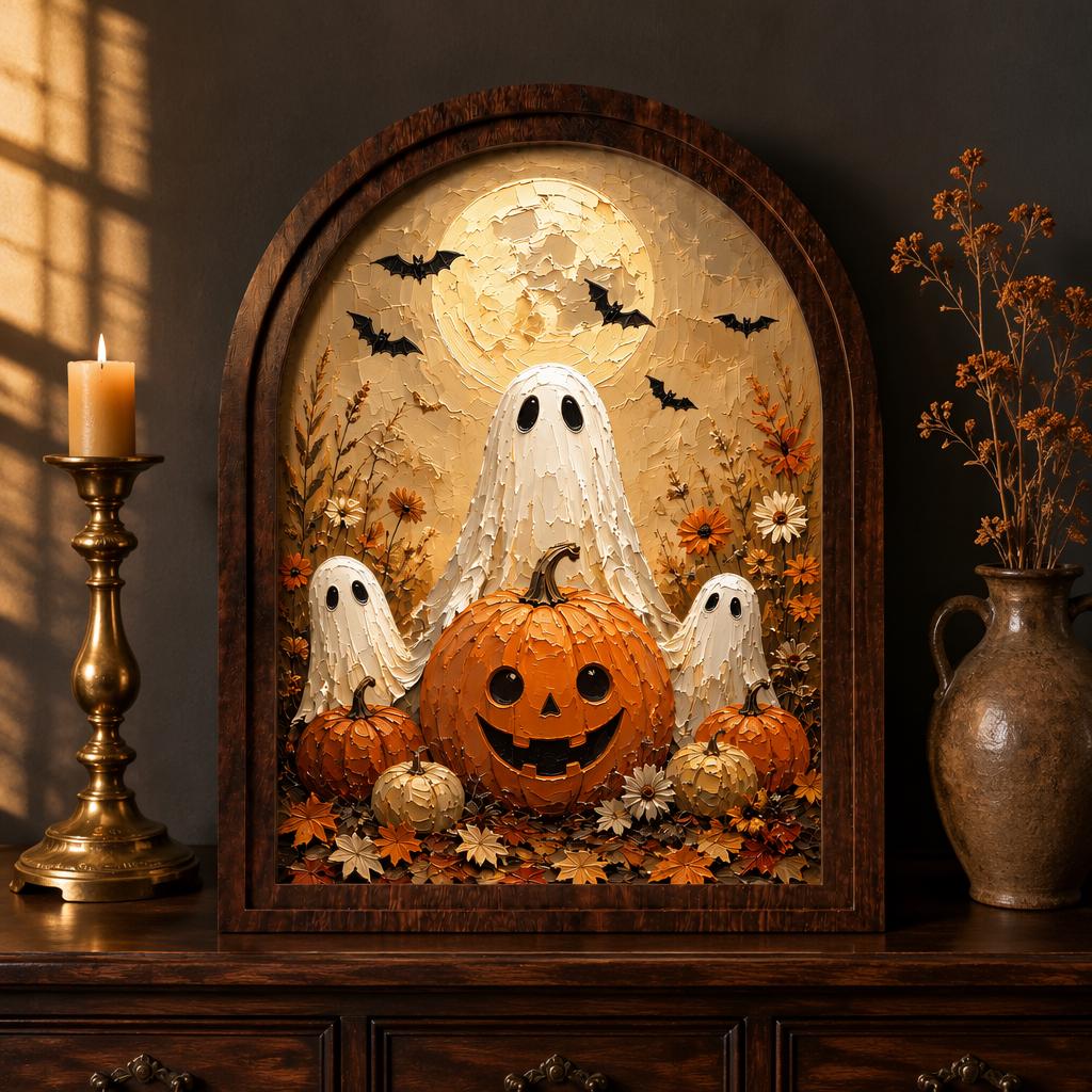 Cute Ghost Halloween Wall Art, Arched Wooden Frame Canvas, Pumpkin Patch Painting, Cozy Fall Farmhouse Decor, Vintage Seasonal Artwork - Image 1