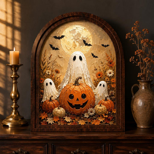 Cute Ghost Halloween Wall Art, Arched Wooden Frame Canvas, Pumpkin Patch Painting, Cozy Fall Farmhouse Decor, Vintage Seasonal Artwork - Image 1