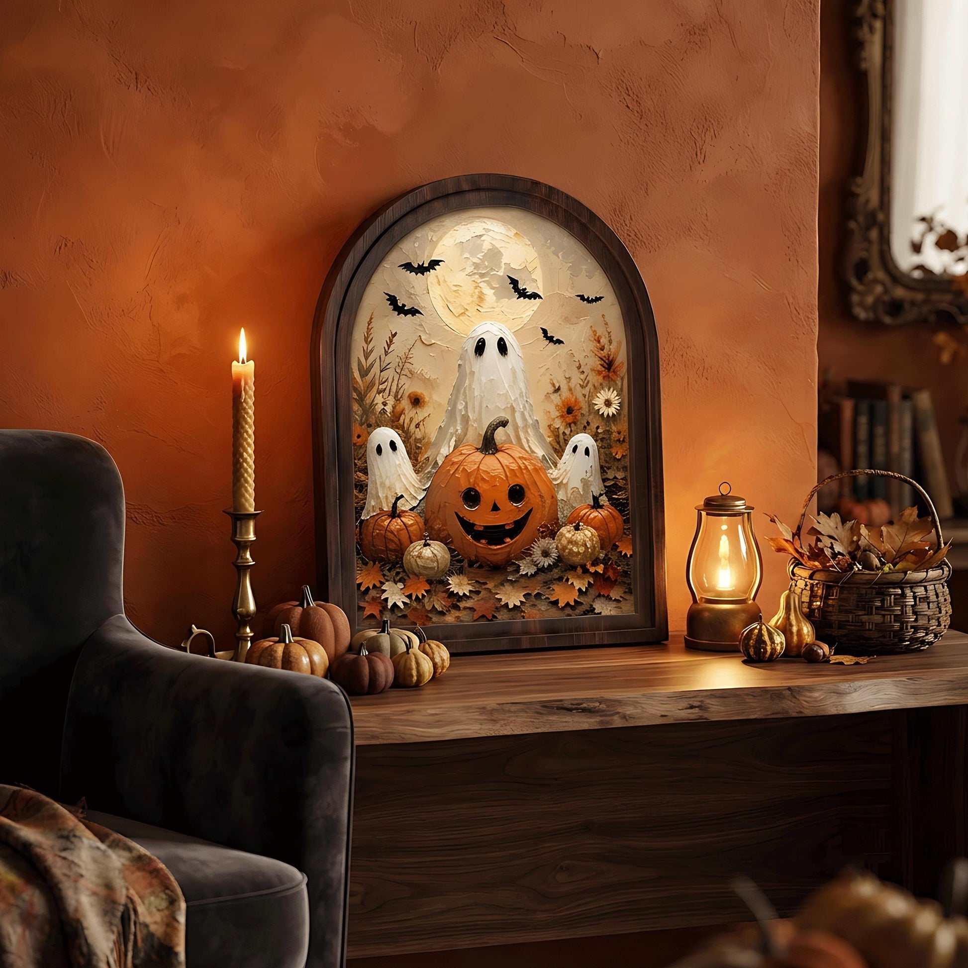 Cute Ghost Halloween Wall Art, Arched Wooden Frame Canvas, Pumpkin Patch Painting, Cozy Fall Farmhouse Decor, Vintage Seasonal Artwork - Image 5