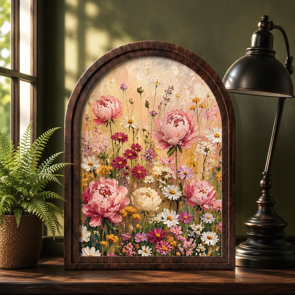 Wildflower Meadow Wall Art in Arched Wood Frame, Pink Peony & Daisy Canvas Print, Cottagecore Floral Decor, Vintage Botanical Wall Hanging - Image 2