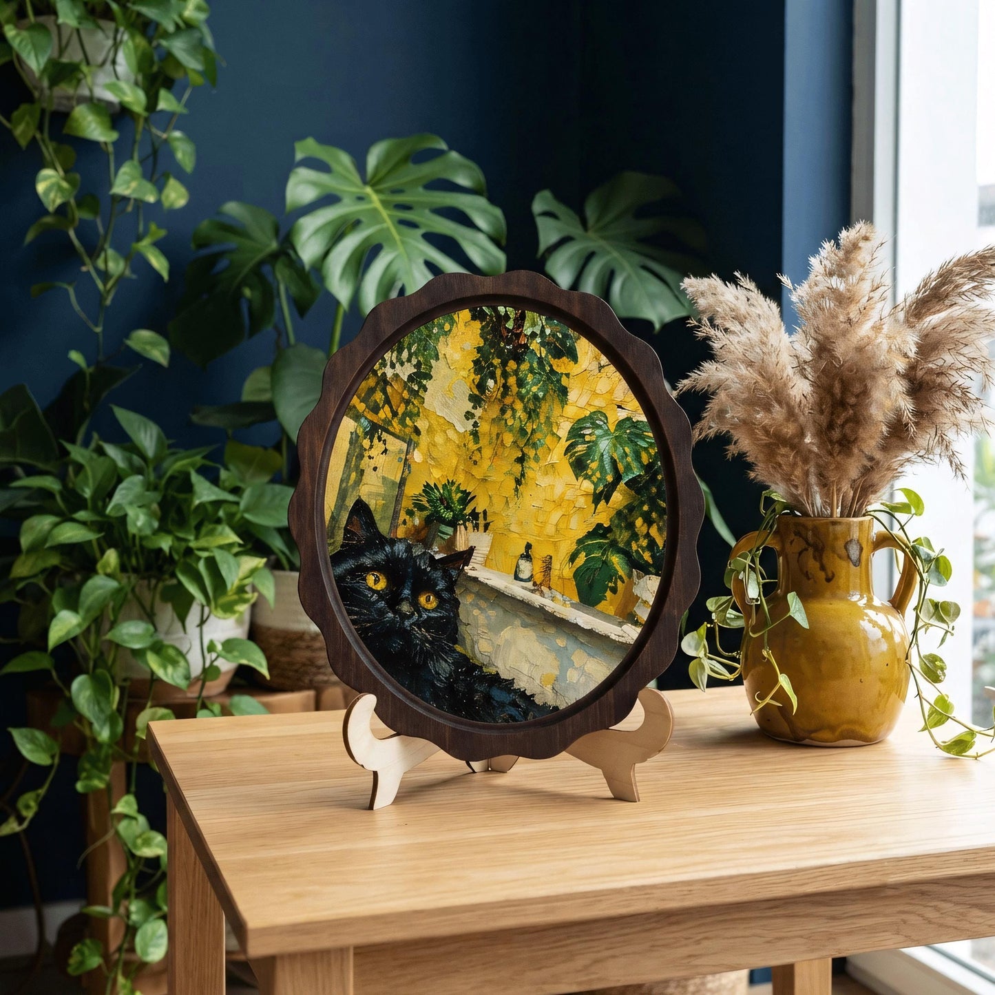 Black Cat Wall Art, Wavy Oval Wood Frame, Botanical Indoor Garden Canvas, Cozy Cottagecore Decor, Cat Lover Gift - Image 6