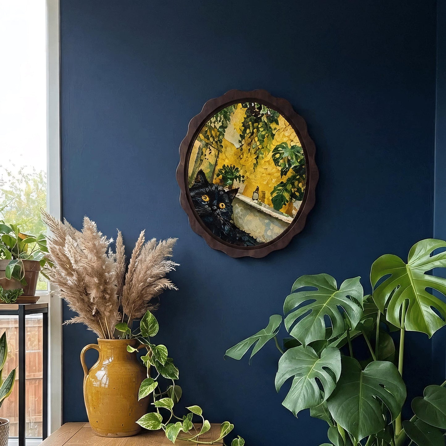 Black Cat Wall Art, Wavy Oval Wood Frame, Botanical Indoor Garden Canvas, Cozy Cottagecore Decor, Cat Lover Gift - Image 3