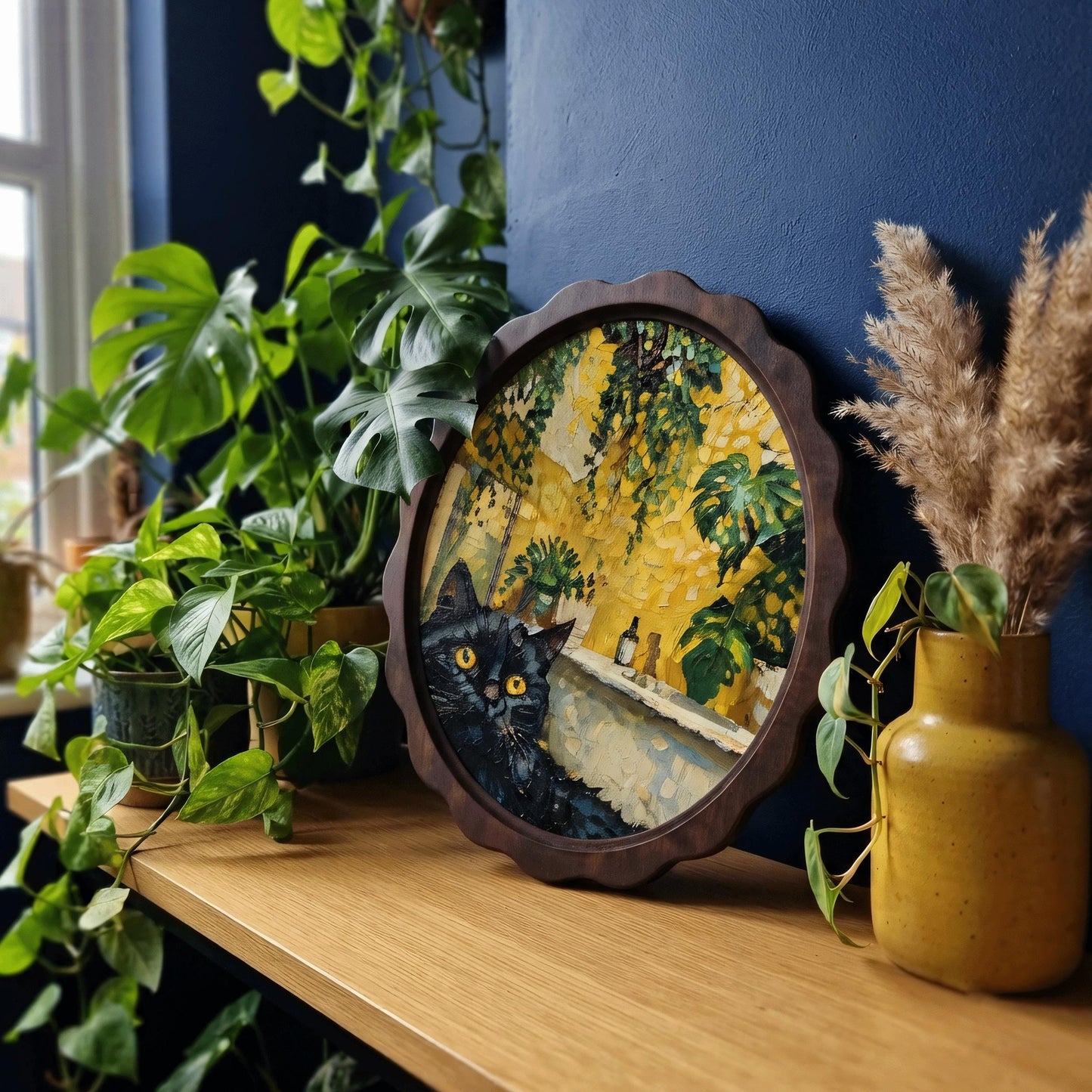 Black Cat Wall Art, Wavy Oval Wood Frame, Botanical Indoor Garden Canvas, Cozy Cottagecore Decor, Cat Lover Gift - Image 5