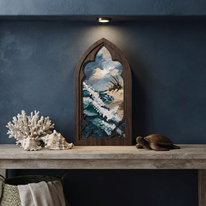 Ocean Wave Wall Art, Arched Gothic Window Wood Frame, Coastal Landscape Canvas Print, Beach Cottage Decor, Sea Lover Gift - Image 5