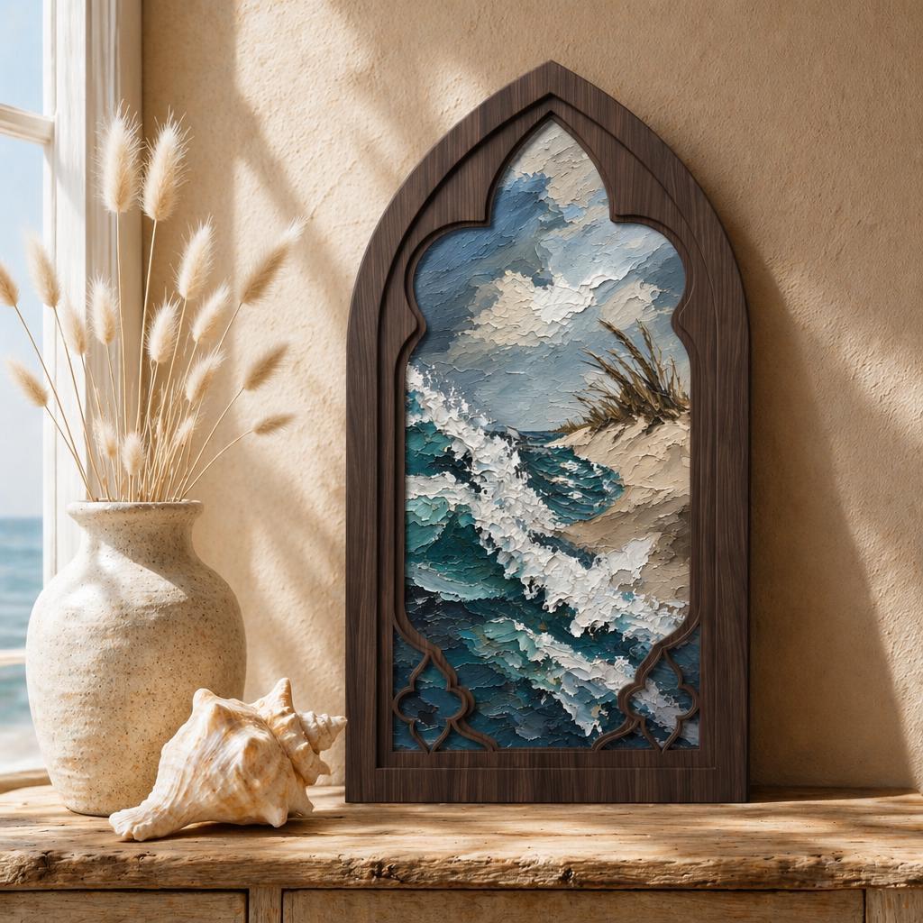 Ocean Wave Wall Art, Arched Gothic Window Wood Frame, Coastal Landscape Canvas Print, Beach Cottage Decor, Sea Lover Gift - Image 2