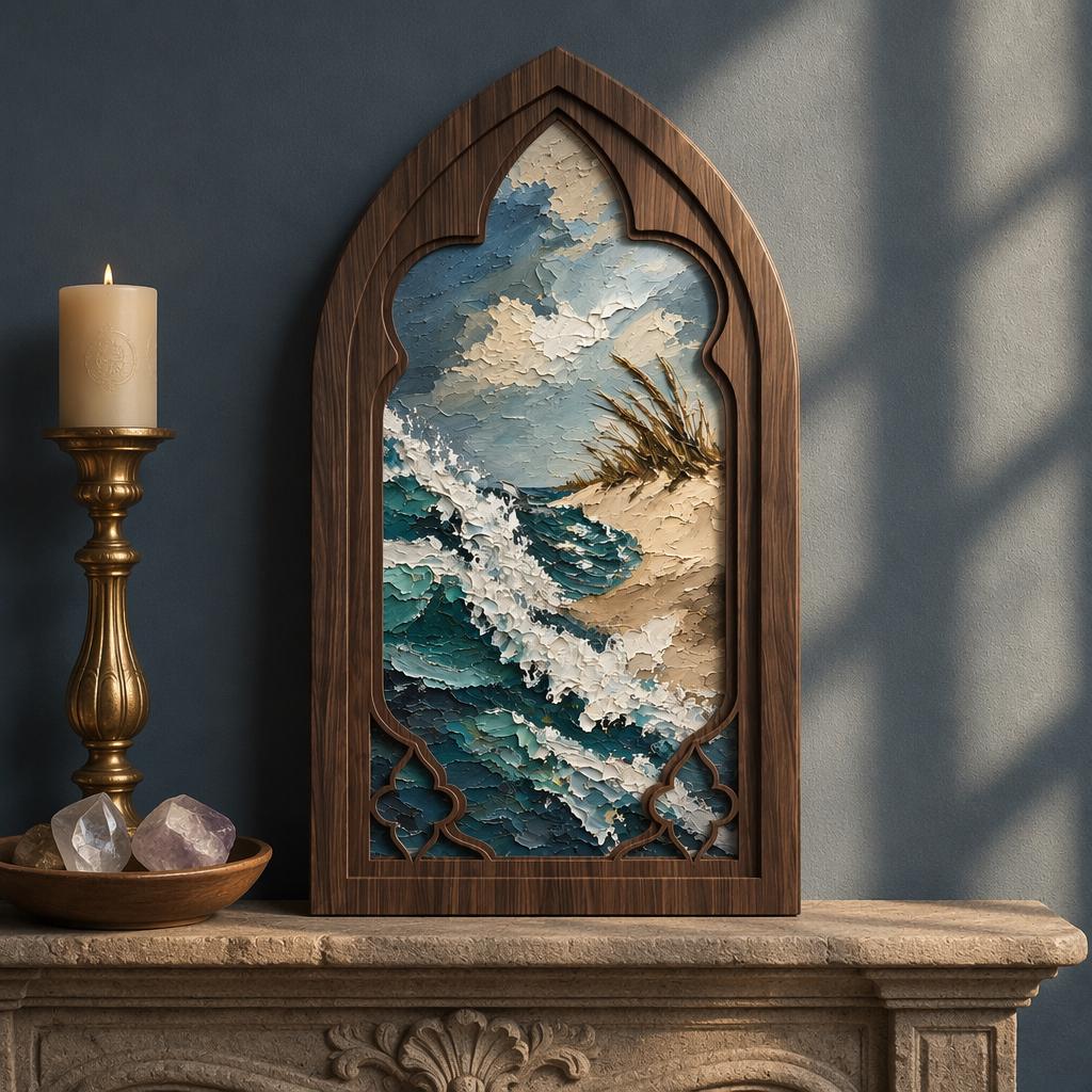 Ocean Wave Wall Art, Arched Gothic Window Wood Frame, Coastal Landscape Canvas Print, Beach Cottage Decor, Sea Lover Gift - Image 1