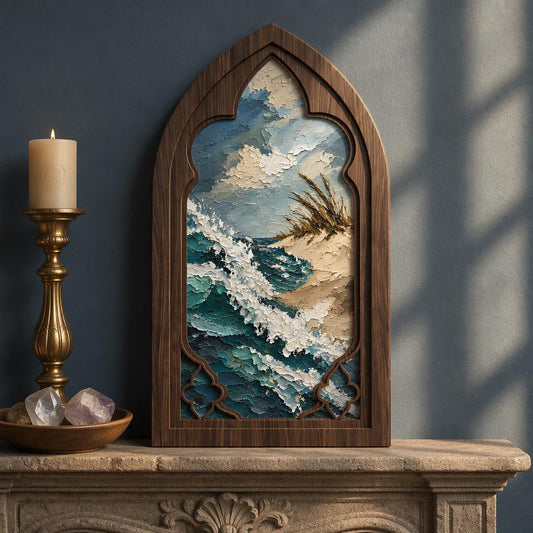 Ocean Wave Wall Art, Arched Gothic Window Wood Frame, Coastal Landscape Canvas Print, Beach Cottage Decor, Sea Lover Gift - Image 1