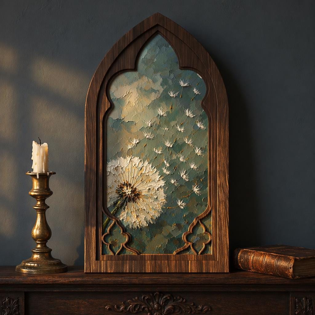 Dandelion Wall Art, Gothic Arched Wood Framed Canvas, Botanical Nature Painting, Cottagecore Home Decor, Vintage Floral Wall Hanging - Image 2