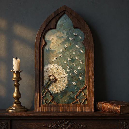 Dandelion Wall Art, Gothic Arched Wood Framed Canvas, Botanical Nature Painting, Cottagecore Home Decor, Vintage Floral Wall Hanging - Image 2